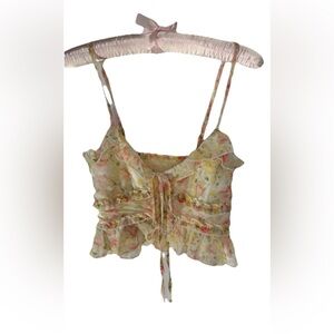Thirty Thirty Front Tie Ruffle Floral Crop Top Small Spaghetti Straps Fairycore